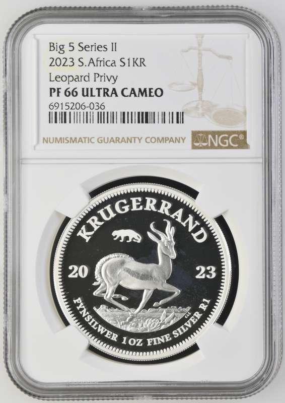 South Africa  Republic 1oz Silver R5 Big 5 Leopard 2023 Proof 66 Ultra Cameo NGC Graded Proof PF66