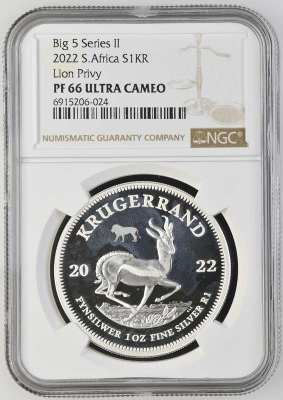 South Africa 2022 1oz Silver R5 Big 5 Series II -  Lion PF 66 Ultra Cameo NGC Graded PF 66