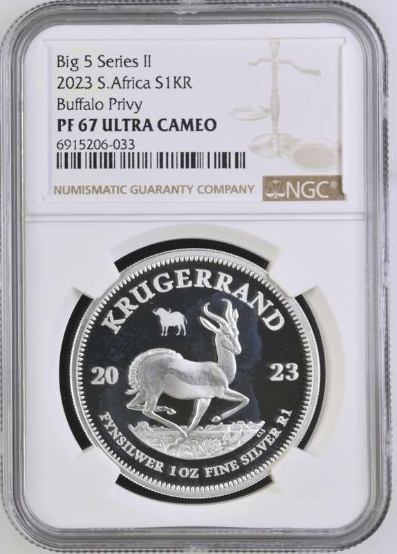 South Africa 1oz Silver Privy Krugerrand R5 Big 5 'Buffalo PRIVY" 2023 NGC Graded PF 67 Ultra Cameo