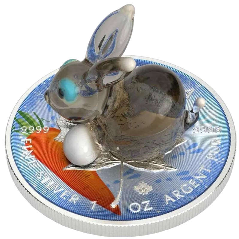 Murano Glass Series: Rabbit  Maple Leaf $5 (1oz) Canada Silver Coin of 2022 Colourised with Figurine