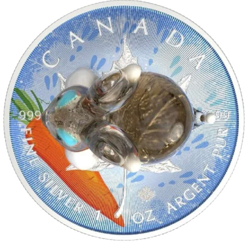 Murano Glass Series: Rabbit  Maple Leaf $5 (1oz) Canada Silver Coin of 2022 Colourised with Figurine