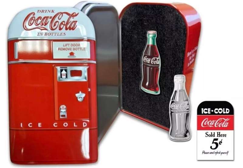 Coca-Cola® Vintage 1oz Silver Colourised Bottle With Stunning Coca Cola Money Box Tin & COA.