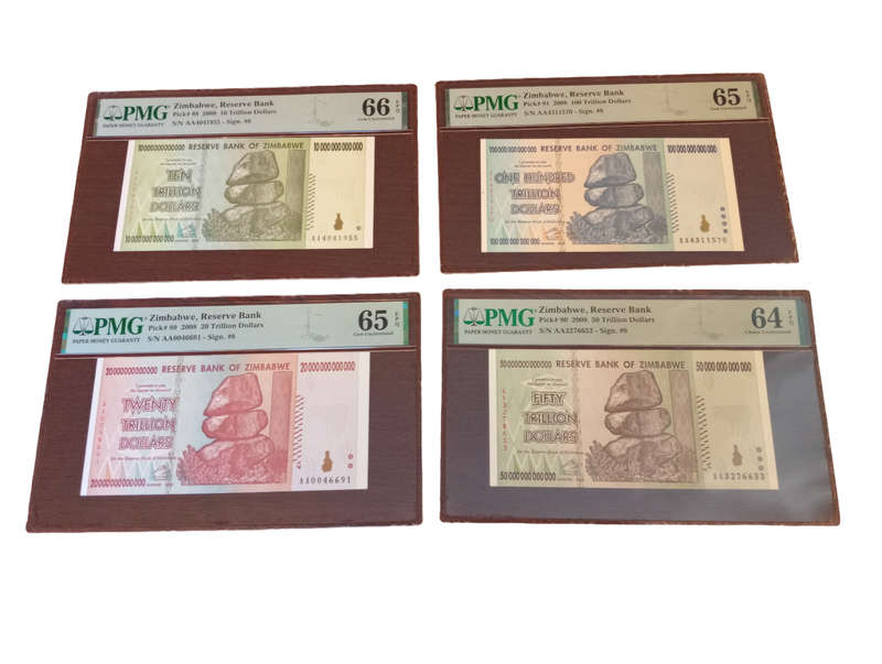 Zimbabwe: Trillion Dollars Note Set of 2008: 100 Trillion, 50 Trillion, 20 Trillion, 10 Trillion PMG