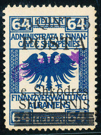 Albania - 1919 - Provisional Government Stamps - 25q on 65h blue mint unhinged . SG 99a .