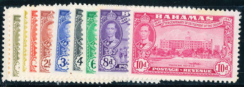Bahamas - 1948 - Tercentenary of Settlements - ½d to 10s unused no gum 10 stamps cheapest. 178-187 .