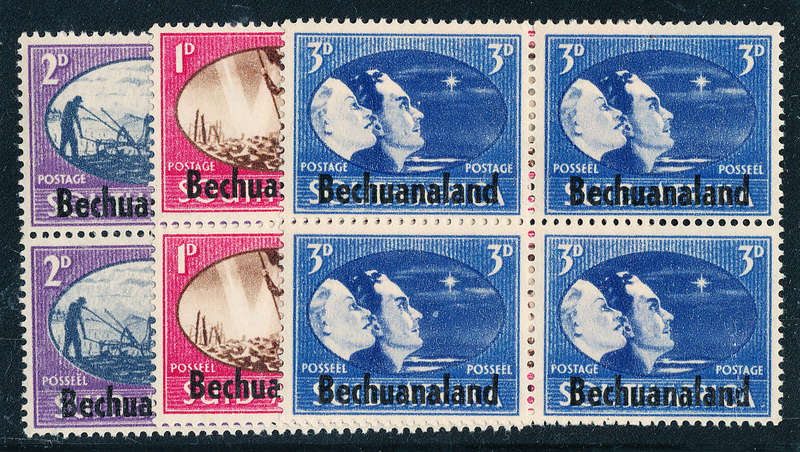 Bechuanaland - 1945 - Victory - set of 3 blks of 4 mint hinged . SG 129-131 .
