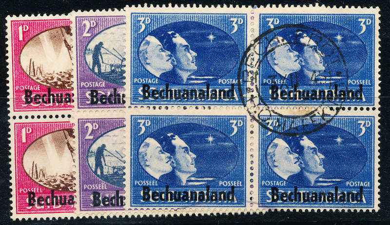 Bechuanaland - 1945 - Victory - set of 3 blocks of 4 fine used . SACC 129-131 .