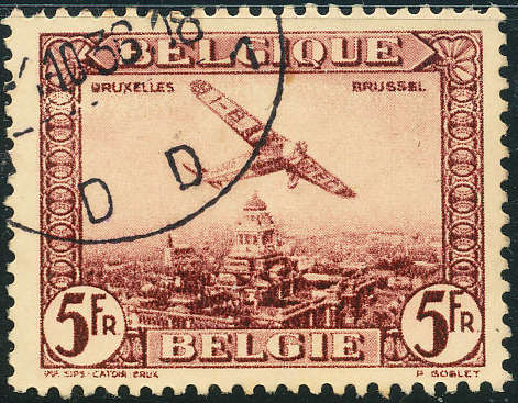 Belgium - 1930 - Air - 5F deep lake fine used . SG 564 .
