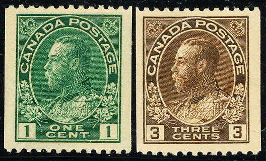 Canada - 1912 - 21 - Geo V - 1c blue-green, 3c brown coil stamp perf 12 x imperf mint hinged .