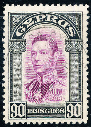 Cyprus - 1938-51 - Geo VI - 90Pi mauve & black fine used . SG 162 .