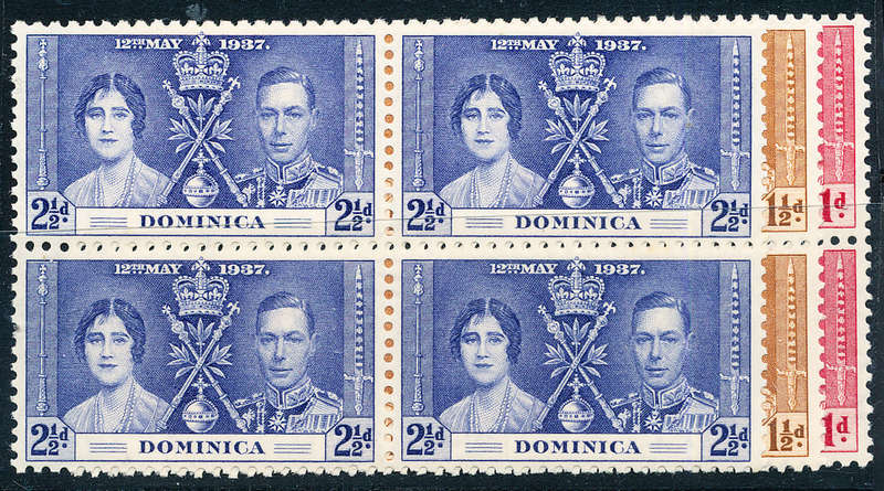 Dominica - 1937 - Coronation - set of 3 in blks of 4 mint unhinged . SG 96-98 .