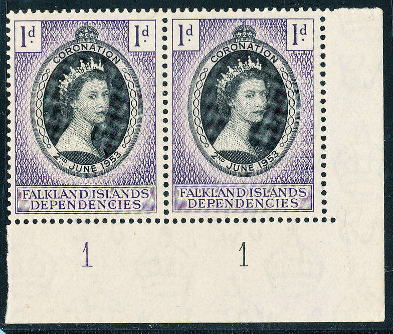 Falkland Islands Dependencies - 1953 - Coronation - 1d black & violet bott right horiz pr with 1-1
