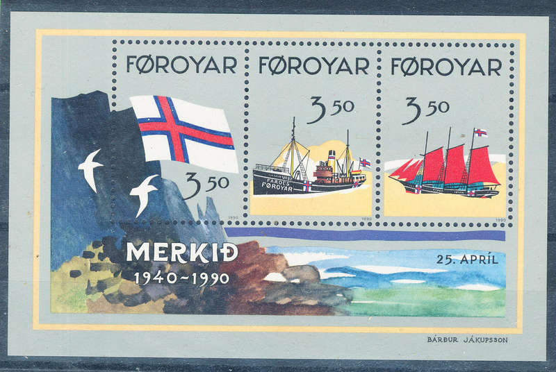 Faroe Islands - 1990 - 50th Anniv of Faroes flag - 3k 50 m/sheet mint unhinged . SG 195 .