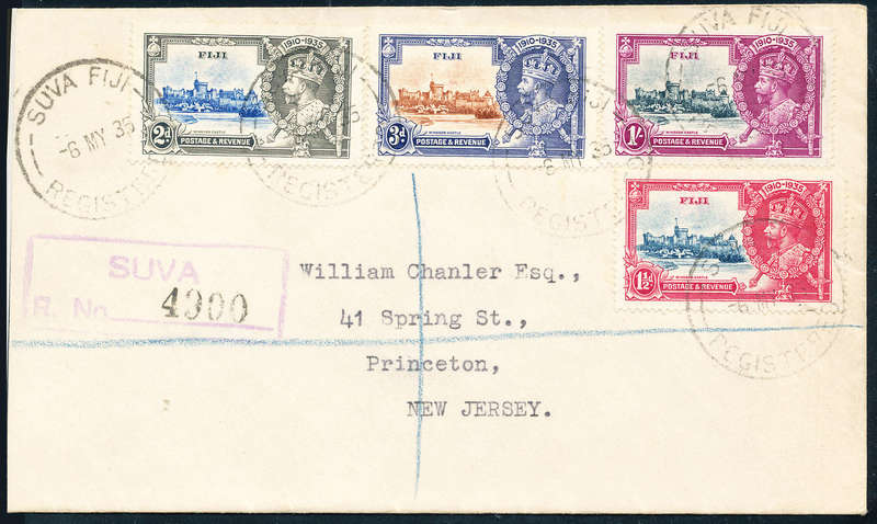 Fiji - 1935 - Silver Jubilee - set of 4 plain white cv addressed w/ 6 May 1935 pmk on each stamp