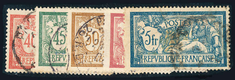 France - 1900-06 - Merson Types - 40c, 45c, 50c, 1F, 5F fine used . SG 303 .