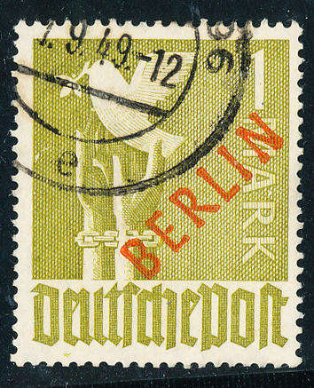 Germany Berlin West - 1949 - Ovptd Berlin in Red - 1 olive-green fine used . SG 34 .