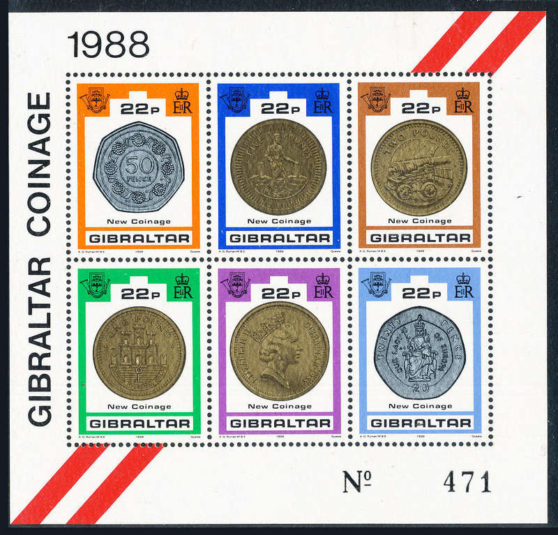Gibraltar - 1989 - New Coinage minisheet of 6 stamps . SG 621 .