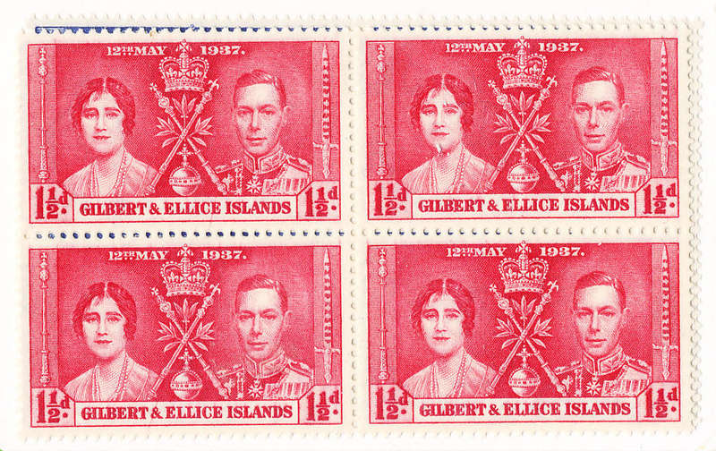 Gilbert & Ellice Islands - 1937 - Coronation - set of 3 blocks of 4 mint unhinged . SG 40-42 .