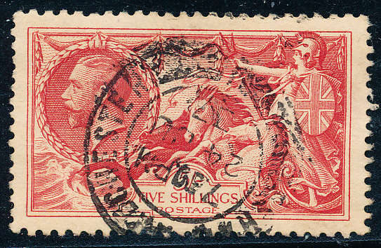 Great Britain - 1934 - Re-engraved Seahorses - 5s bright-rose-red fine used . SG 451 .
