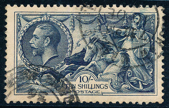 Great Britain - 1934 - Re-engraved Seahorses - 10s indigo fine used . SG 452 .