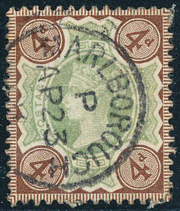 Great Britain - 1887-92 - Victoria Jubilee Issue - 4d green & purple brown fine used C.D.S. SG 205 .