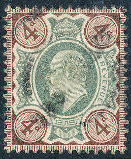 Great Britain - 1902 - 10 - Edw 7 - 4d green & grey-brown fine used . SG 235 .