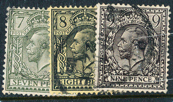 Great Britain - 1912 - 24 - Geo V - 7d olive, 8d black/ yellow-buff 9d agate fine used . SG 387 .