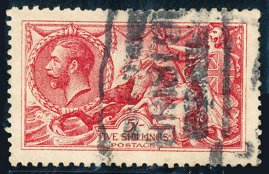 Great Britain - 1913 - Seahorses - 5s rose-carmine fine used with Birmingham parcel pmk good fresh