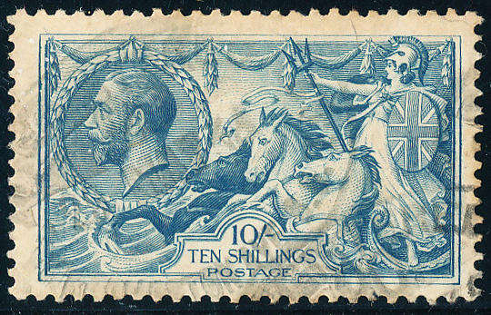 Great Britain - 1918-19 - Seahorses - 10s dull grey-blue fine used faint parcel pmk . SG 417 .