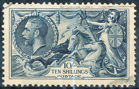 Great Britain - 1934 - Re-Engraved Seahorses - 10s indigo fine used light parcel pmk . SG 452 .