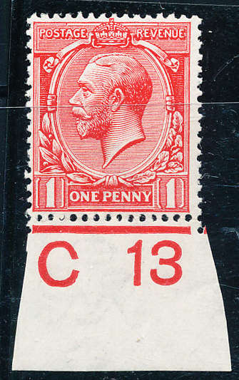 Great Britain - 1912-24 - Geo V wmk Royal Cypher (Simple) 1d scarlet bott ctrl C13 sgl mint hinged