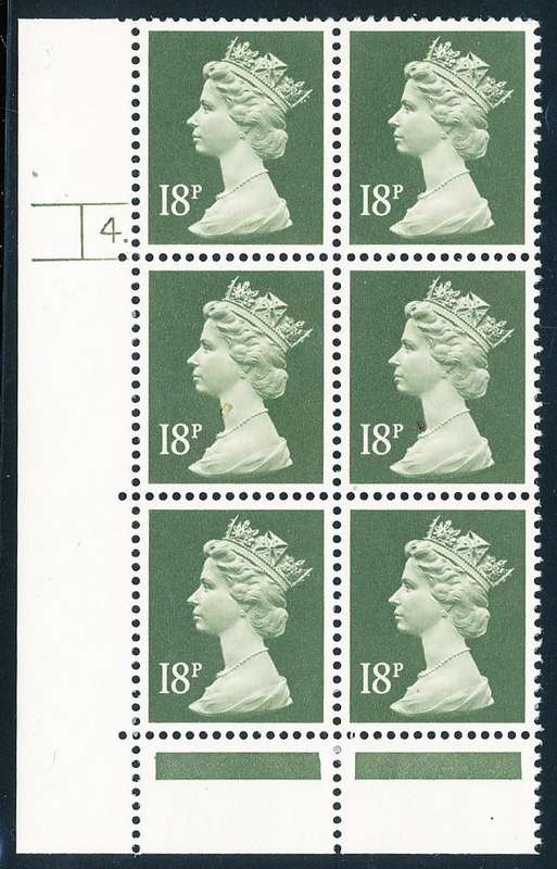 Great Britain - 1990's - Machin Defins - 18P deep olive grey cyl 4 blk of 6 u.m. SG 1009 .
