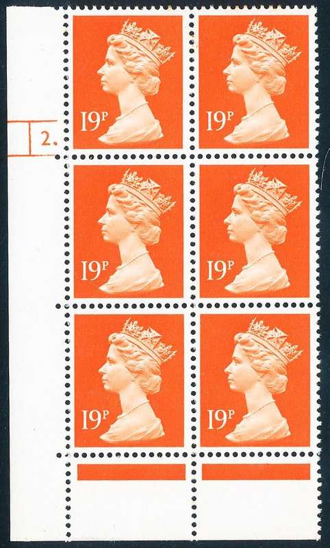 Great Britain - 1990's - Machin Defins - 19P bright orange red cyl 2 blk of 6 u.m. SG 1013 .
