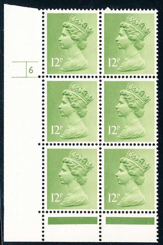 Great Britain - 1990's - Machin Defins - 12P yellowish green cyl 6 blk of 4 u.m. SG 943 .