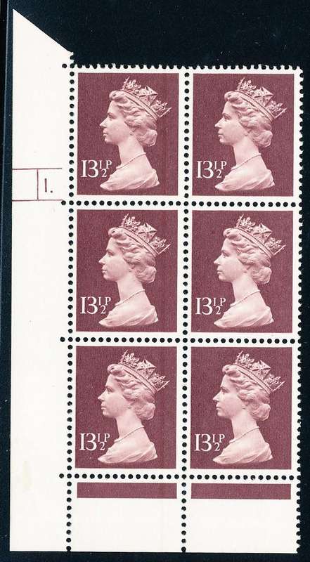 Great Britain - 1990's - Machin Defins - 13½P purple-brown cyl 1 blk of 6 u.m. SG 945 .