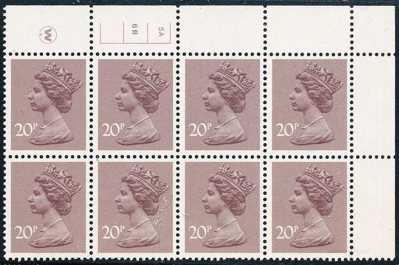 Great Britain - 1990's - Machin Defins - 20P dull purple cyl W.5A, 6B blk of 8 u.m. SG 958 .