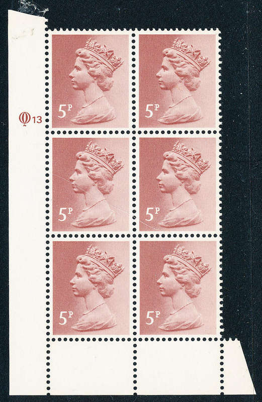 Great Britain - 1990's - Machin Defins - 5P claret Q13 cyl blk of 6 u.m. X-1004 .