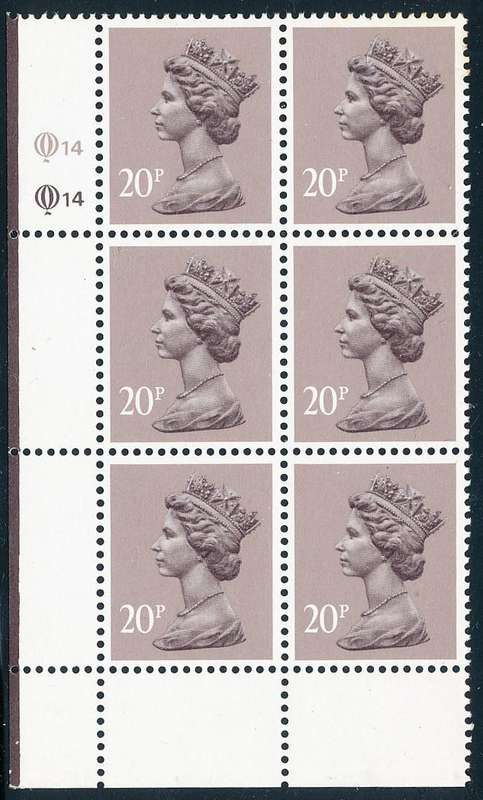 Great Britain - 1990's - Machin Defins - 20P dull purple cyl Q13 blk of 6 (2 x 3) mint unhinged .