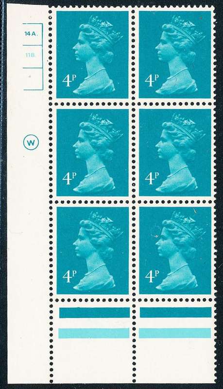 Great Britain - 1990's - Machin Defins - 4P greenish-blue cyl w- 14A & 11B blk of 6 u.m.