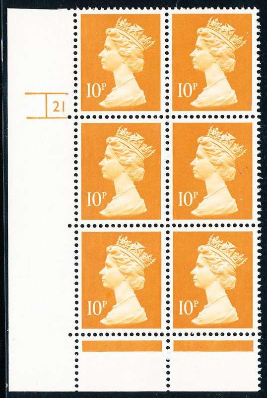 Great Britain - 1990's - Machin Defins - 10P orange-brown cyl 21 blk of 6 u.m.