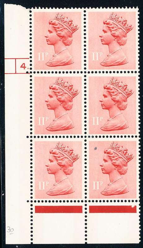 Great Britain - 1990's - Machin Defins - 11P brown red cyl 4 blk of 6 (2 Bands) u.m.