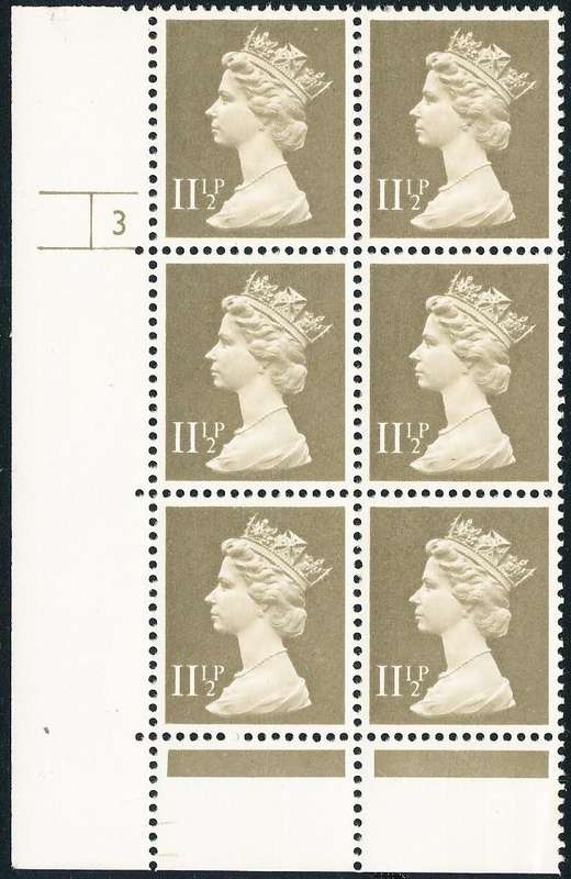 Great Britain - 1990's - Machin Defins - 11½P Drab cyl 3 blk of 6 u.m.