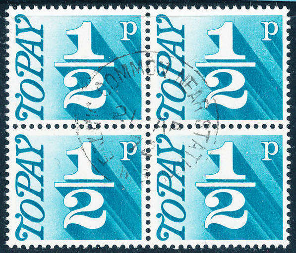 Great Britain Postage Dues - 1970-75 - ½p turq-blue blk of 4 fine used . SG D 77 .