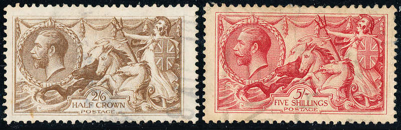 Great Britain - 1918 - 19 - Seahorses - 2s 6d - pale-brown & 5s rose-red fine used . SG 415a, 416 .