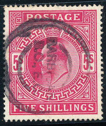 Great Britain - 1902 - Edw 7 - 5s bright carmine fine used with double barbican B.O. E.C. Postmark .