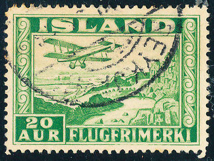 Iceland - 1934 - Air - 20a green perf 14 fine used . SG 209a .