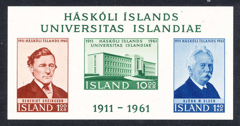 Iceland - 1961 - 50th Anniv of University m/sheet of 3 stamps imperf mint unhinged . SG 391 .