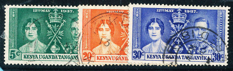 Kenya Uganda Tanganyika - 1937 - Coronation - set of 3 fine used . SACC 128-130 .