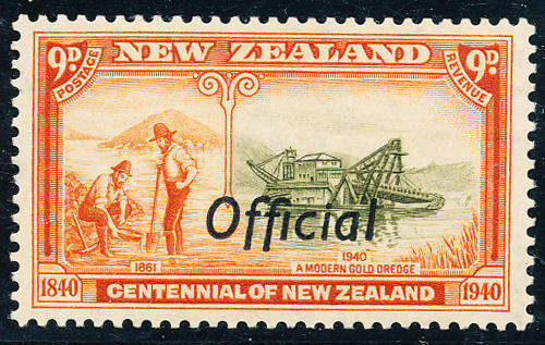 New Zealand Official Stamps - 1940 - Centennial Issue - 9d olive-grn & vermilion m hinged. SG 0150 .