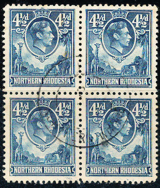 Northern Rhodesia - 1938 - 1952 - Geo 6 - 4½d blue fine used . blk of 4 . SG 37 .